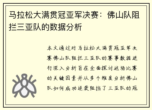 马拉松大满贯冠亚军决赛：佛山队阻拦三亚队的数据分析